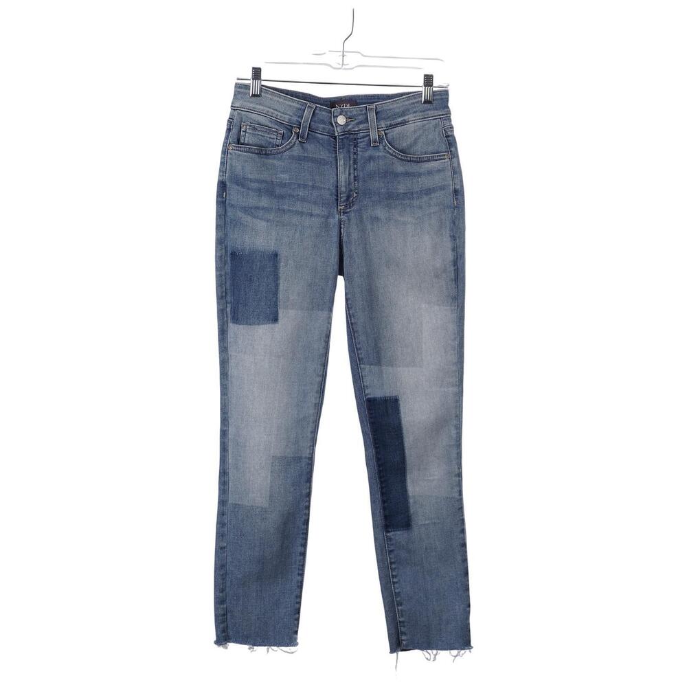 NYDJ Alina Ankle Jeans 4 Blue Cotton Blend Stretch Frayed Hem Patchwork Print